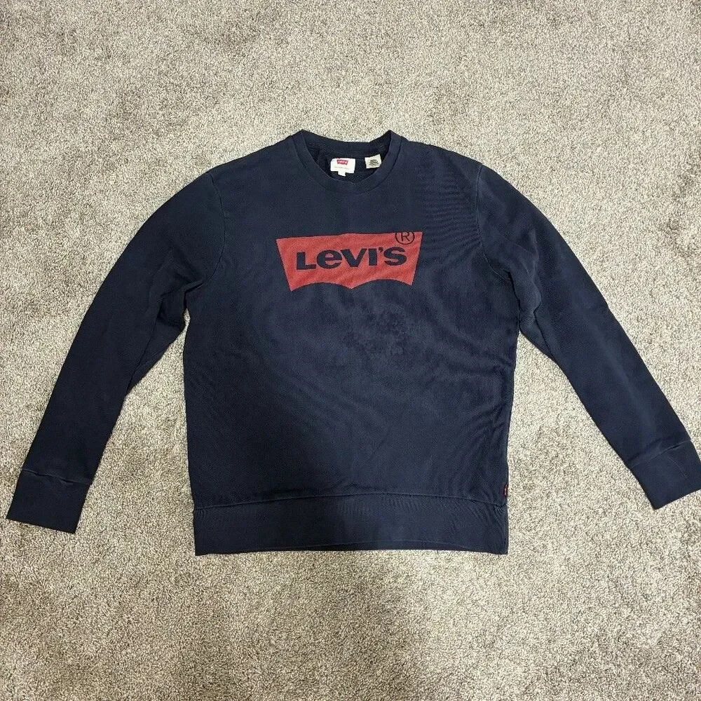 Levis Mens Small Navy Blue Batwing Logo Crew Neck Sweatshirt 100% Cotton Comfort